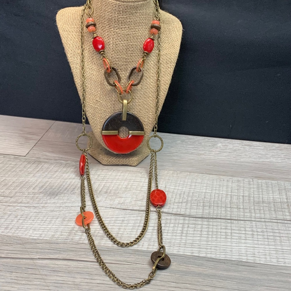 Boho Layered Necklace Set Red Orange Wood Tone Antique Brass Statement Jewelry